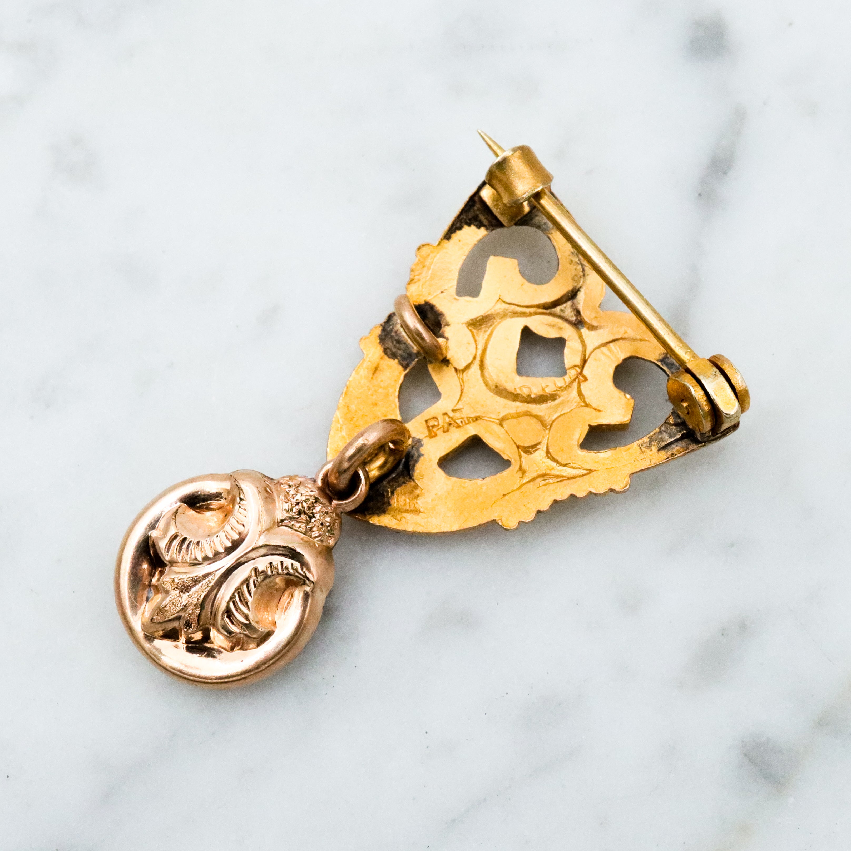 Antique Art Deco geometric gilt metal watch clip brooch w/fob drop